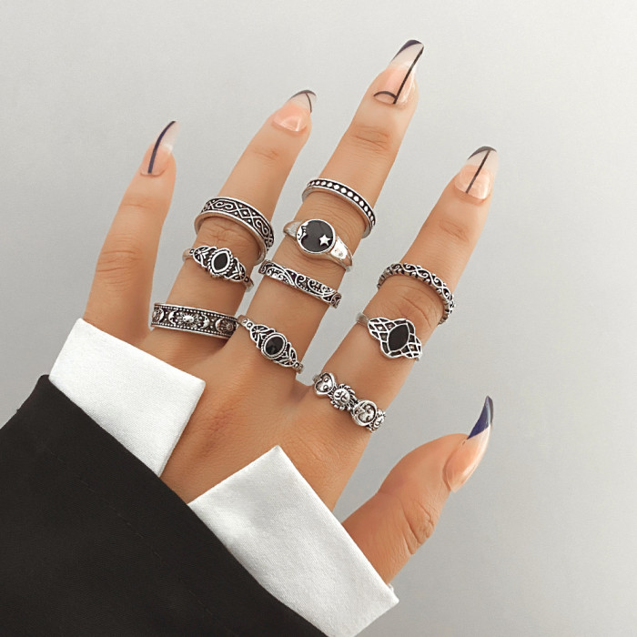 European and American Cross-Border Vintage Distressed Butterfly Snake-Shaped Ring Set Combination Open Multi-Joint Ring Set 9-Piece Set