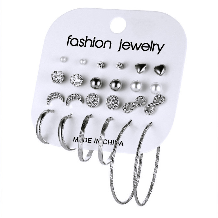 Earrings Creative Retro Simple Inlaid Rhinestone Exaggerated Large Medium Small Hoop Earrings Set 12-Piece Set, Jewel...