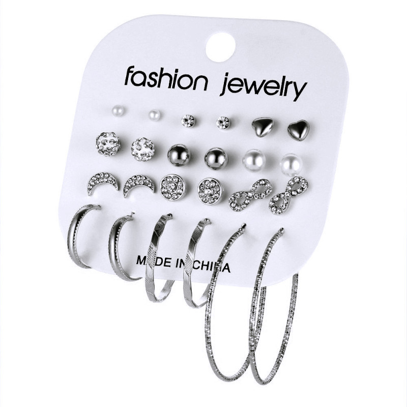 European and American Cross-Border Earrings Creative Retro Simple Inlaid Rhinestone Exaggerated Large Medium Small Hoop Earrings Set 12-Piece Set