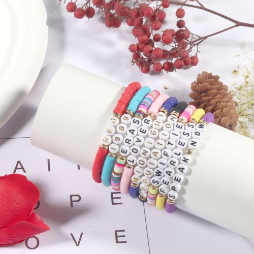 Bohemian Bracelet Beach Friend Gift Black Gold Layered Letter Bracelet Colorful Soft Clay Slice Bracelet