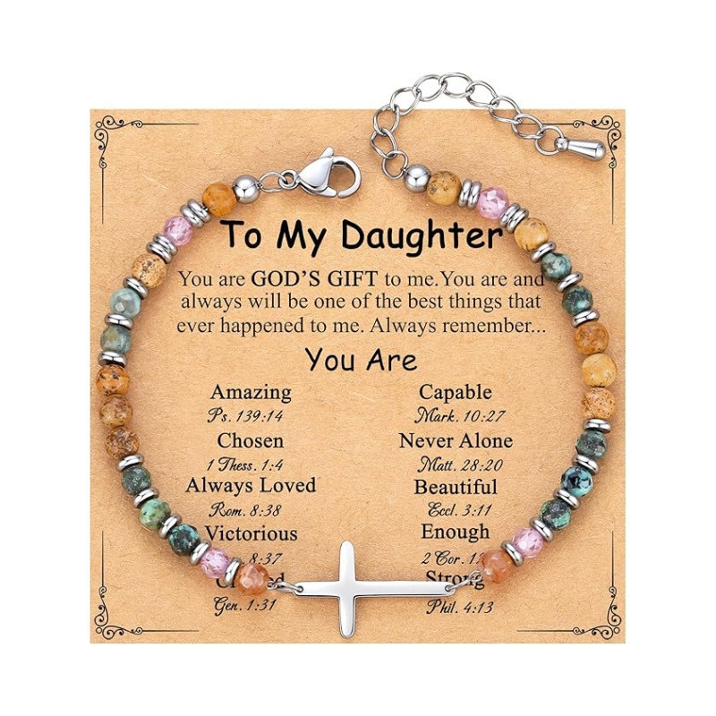 Amazon Cross-Border New Product 4mm Natural Stone Beaded Cross Lobster Clasp Adjustable Women's Bracelet with Card