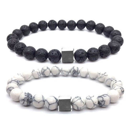 Live Hot Sale White Turquoise Volcanic Stone Couple Bracelets for Women Black and White Impermanence Boyfriend Couple Beaded Bracelet Set