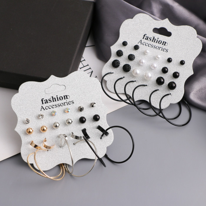 Exaggerated Pearl Stud Earrings Geometric Circle with Rhinestones Alloy Earrings 12 Pairs Set Hoop Earrings, Jewelry...