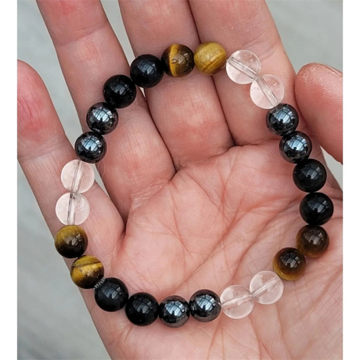 Tiger Eye Stone Bracelet Tiger Eye Chalcedony Imitation Black Agate Beaded Bracelet Imitation Obsidian Unisex Couple Elastic Cord Bracelet