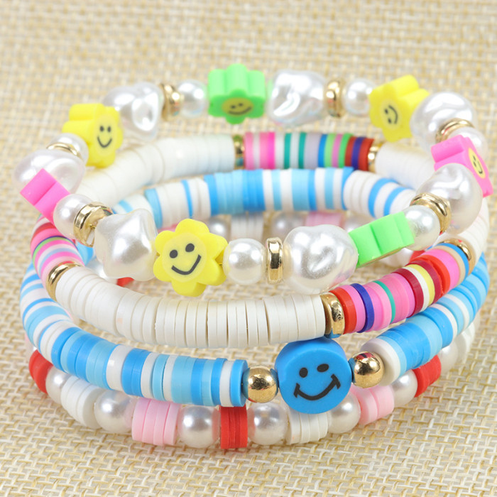 Cross-Border New Colorful Soft Clay Bracelet Sunflower Smiley Face Bracelet Set Pearl Letter Heart Multi-Layer Bracelet