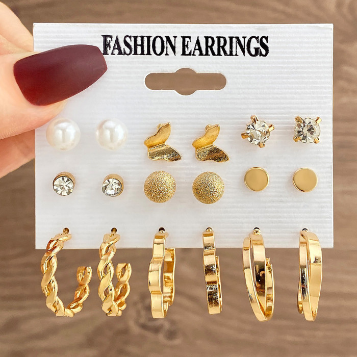 Inlaid Pearl Butterfly Stud Earrings High-End Sense Hoop Vintage Metal 6-Piece Earring Set for Women, Jewelry Sets