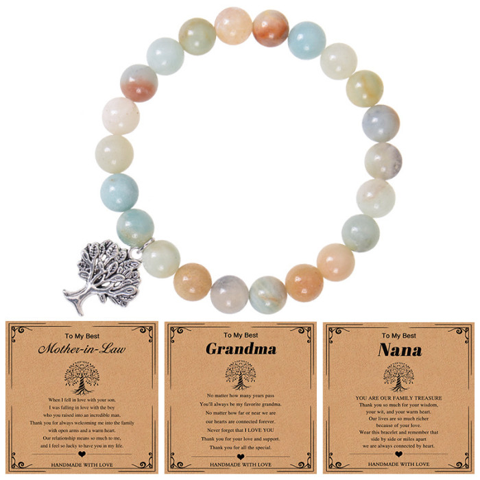 Hot-Selling European and American Grandma Pink Zebra Stone Bracelet Tree of Life Pendant Bracelet Nana Grandma Card Gift