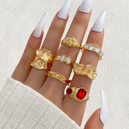 European and American Cross-Border Design Liquid Irregular Fashion Niche Ring Wrinkle Open Lava 7-Piece Set Ring for Women