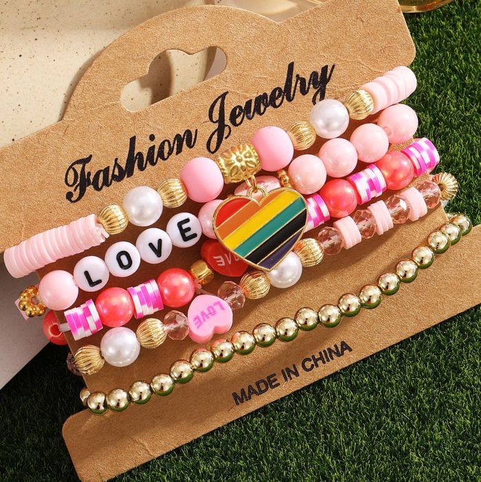 European and American Cross-Border Valentine's Day Bracelet Multi-Layer Stacked Pink Heart Pendant Bracelet Soft Clay Beaded Elastic Bracelet