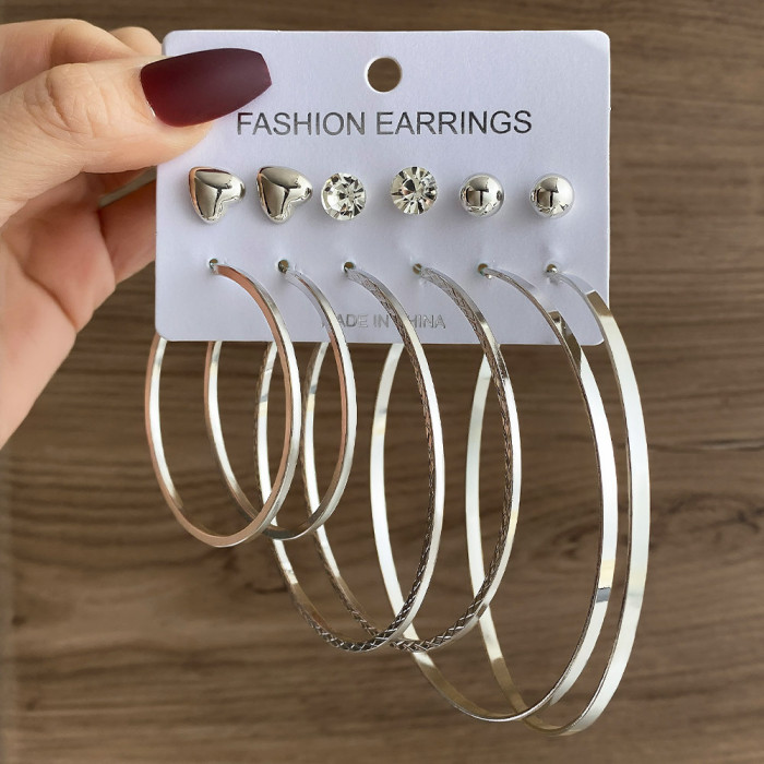 Fashion Commuting Large Circle Hoop Earrings Heart Studs Simple Geometric Coil Metal Clip Earrings Set, Jewelry Sets