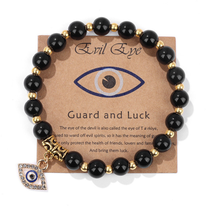 Lucky Bracelet Natural Stone Beaded Gold Spacer Yoga Energy Bracelet Shiny Black Inlaid Diamond Evil Eye Bracelet