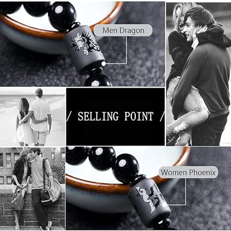 Natural Black Gold Obsidian Dragon and Phoenix Barrel Beads Bracelet for Men and Women, New Student Black Gold Agate Bracelet Gift