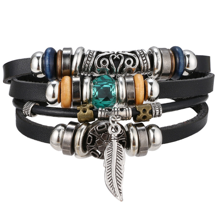 Cross-Border Turquoise Men's Woven Faux Leather Bracelet Multi-Layer Leaf Pendant Beaded Women's Bracelet Wholesale