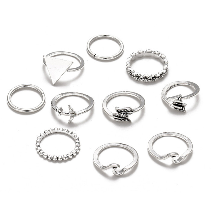 European and American Cross-Border Joint Open Ring Set Retro Flower Leaf Triangle Geometric Ring 9-Piece Set Combination