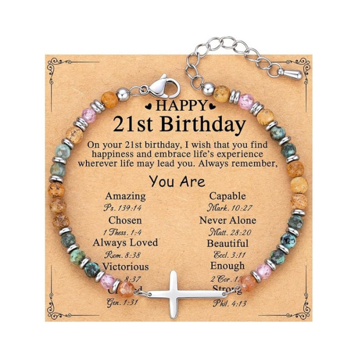 Amazon New Product 4mm Natural Stone Beaded Cross Lobster Clasp Adjustable Women's Bracelet with Card