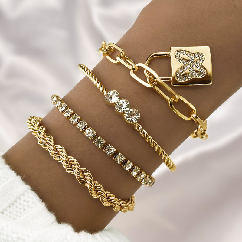 Cross-Border New Diamond-Encrusted Butterfly Lock Bracelet 4-Piece Set Fashion Versatile Trendy Jewelry Diamond-Encrusted Open Closure Bracelet for Women