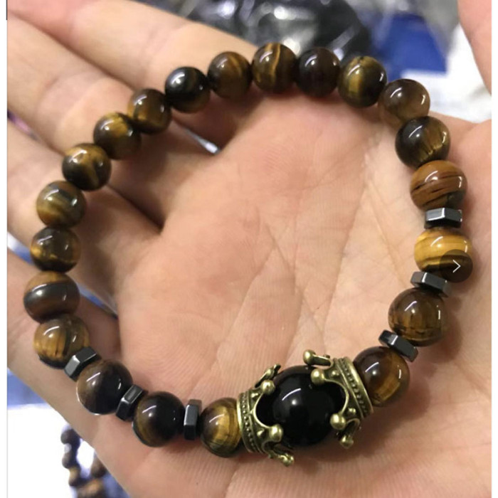 Cross-Border New Charm Men's Bracelet Fashion Luxury Alloy Crown Tiger Eye Stone Bead Bracelet Jewelry for Men