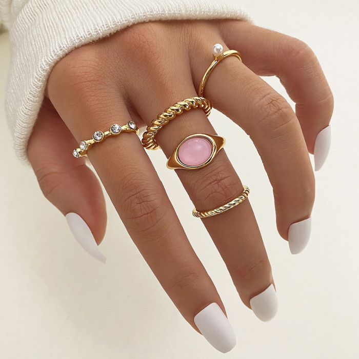 Cross-Border Personality Exaggerated Geometric Oval Pink Gemstone Ring for Women Creative Pink Gemstone Ring Set Combination for Women