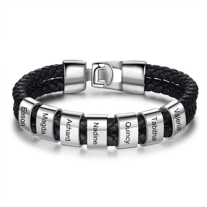 Men's Leather Bracelet Black Braided Leather Rope Name Engraved Bracelet Men's Double Layer Stainless Steel Engraved...