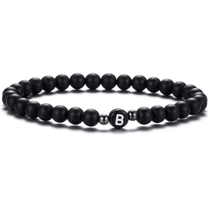 Wish Hot Sale 6MM Black Matte Imitation Obsidian Beads 26 Letter Bracelet Personalized Couple Jewelry Cross-Border
