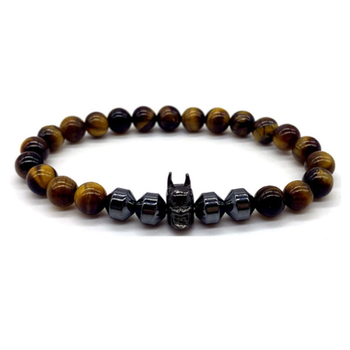 Amazon Jewelry Batman Charm Bracelet Men's Handmade 8mm Hematite Tiger Eye Stone Bead Bracelet