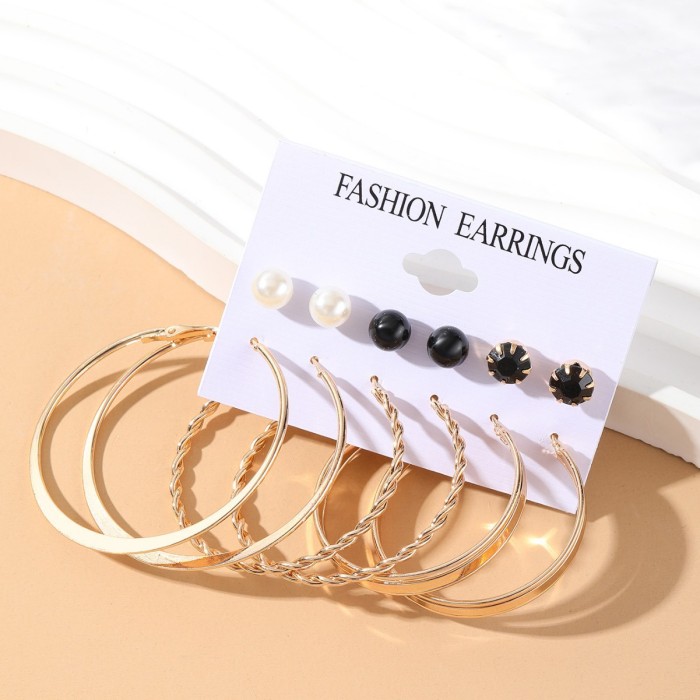 Exaggerated Fashion Jewelry Cross-Border Fashion Versatile 6 Pairs C-Shaped Large Hoop Earrings Stud Earrings Set Personality Earrings Wholesale