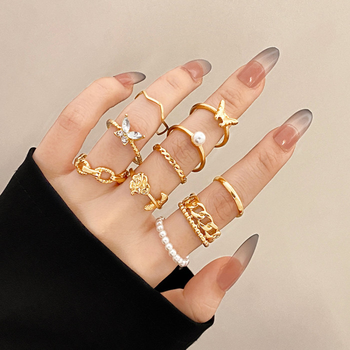 Korean Jewelry AliExpress Cross-Border European and American Retro Rings Gold Inlaid Diamond Butterfly Pearl Hollow Rings 10-Piece Set
