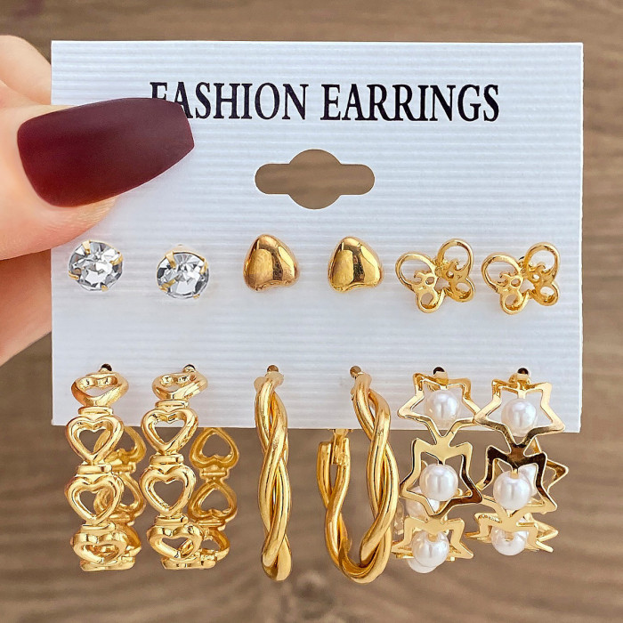 Inlaid Pearl Butterfly Stud Earrings High-End Sense Hoop Vintage Metal 6-Piece Earring Set for Women, Jewelry Sets