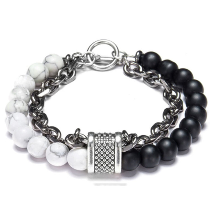European and American Style Beaded Matte Map Stone Men's Bracelet Beaded Metal Bracelet Jewelry Cross-Border Hot-Selling Handmade