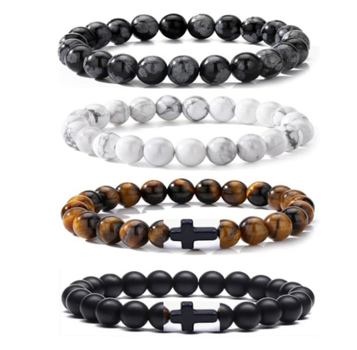 Hot-Selling Amazon European and American Men's Fashion Tiger Eye Volcanic Stone Bracelet White Pine Snowflake Bracelet Versatile Accessories