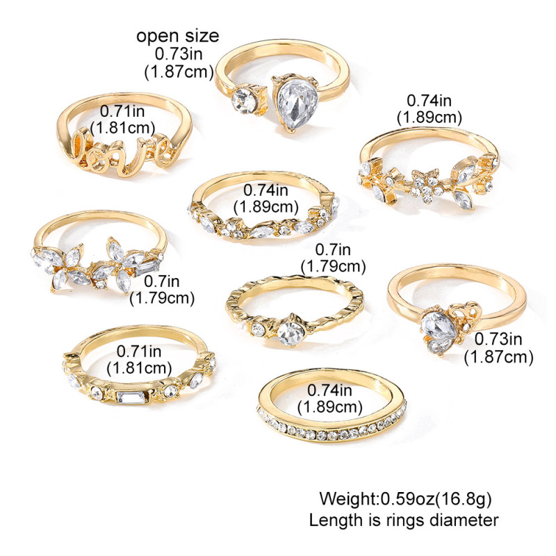 European and American Cross-Border Multi-Layer Stacked Open Diamond-Studded Rings for Women Fashionable Light Luxury Versatile High-End Feel Ring 9-Piece Set
