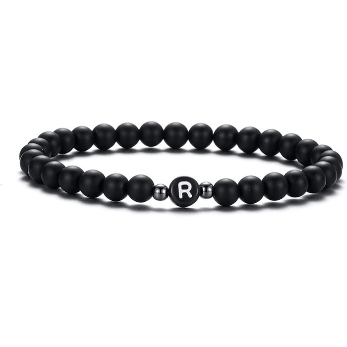 Wish Hot Sale 6MM Black Matte Imitation Obsidian Beads 26 Letter Bracelet Personalized Couple Jewelry Cross-Border