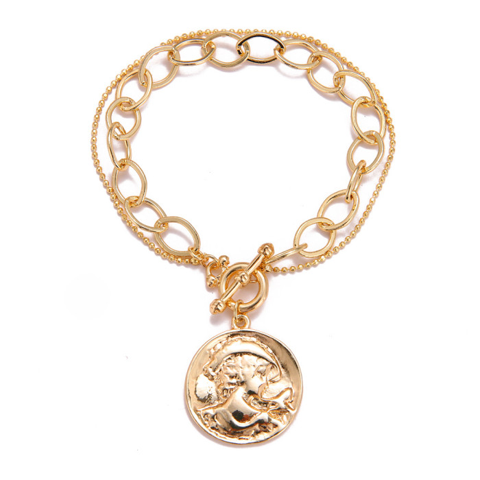 Hot-Selling Retro Fashion Jewelry Relief Head Coin Image Niche Design Baroque Pearl Bracelet