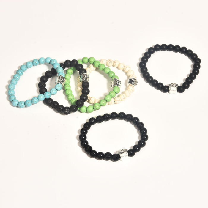 Wish Hot Sale 8mm Black Volcanic Rock Turquoise Dog Paw Elastic Cord Bracelet Factory Direct Sale Cross-Border Bestseller
