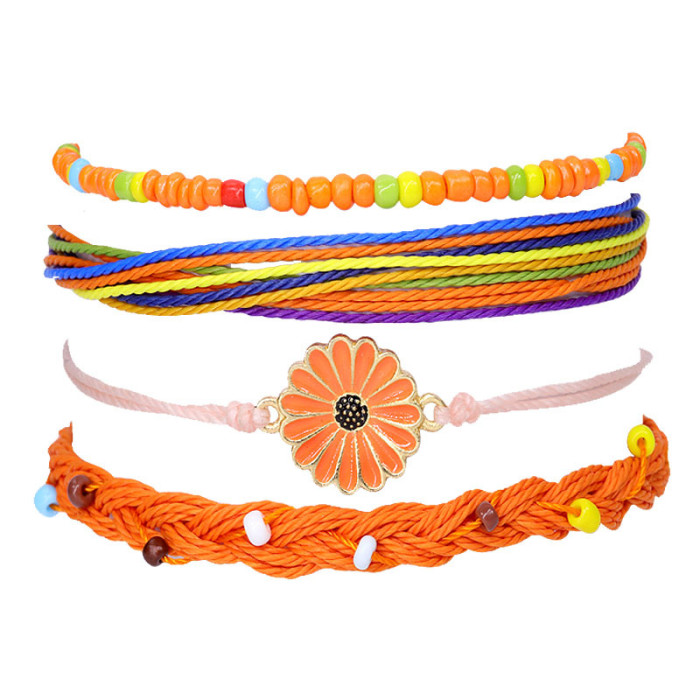 New Bohemian Style Waterproof Wax Thread Handmade Woven Bracelet Alloy Chrysanthemum Beaded Bracelet Set