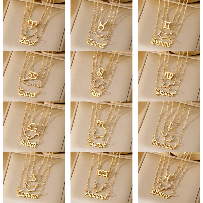 Twelve Constellations Alloy Necklace for Women, Multi-Layer 12 Zodiac Gold Stone-Inlaid Necklace Set of 3, High-End...