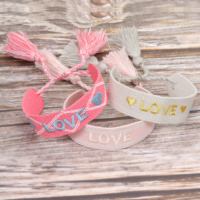 European and American Style Woven Couple Bracelets with Letter Embroidery, Tassel Wristbands, LOGO Fashionable Men's and Women's Woven Bracelets