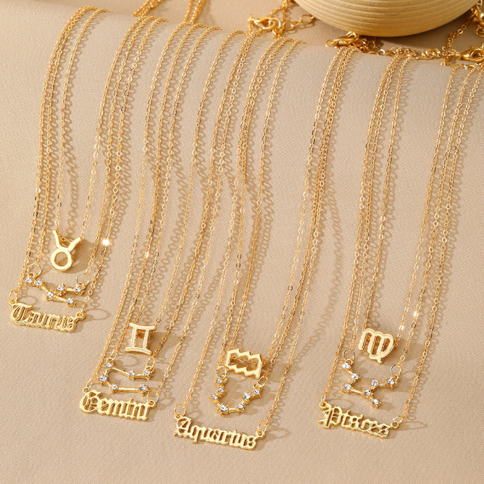 Twelve Constellations Alloy Necklace for Women, Multi-Layer 12 Zodiac Gold Stone-Inlaid Necklace Set of 3, High-End...