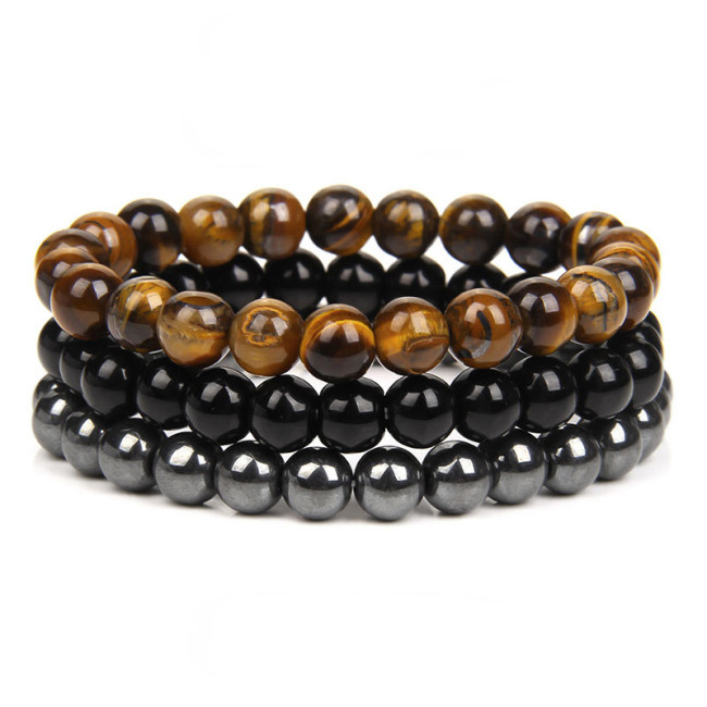 Cross-Border New 8MM Tiger Eye Stone Bracelet Turquoise Hematite Amethyst Set Bracelet for Women and Men Jewelry