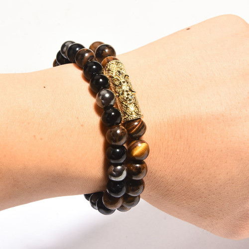Cross-Border European and American Jewelry Copper Micro-Inlaid Ball Micro-Inlaid Bent Tube Bracelet with Diamond Agate Tiger Eye Stone Men's Set Bracelet
