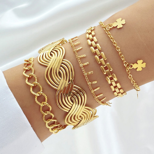 Trendy Personality Metallic Wide Open Bracelet Set Stackable Multi-Element Clover Bracelet 5 Pieces