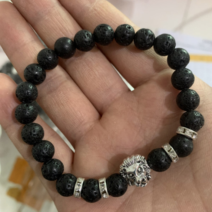 Amazon Hot-Selling Natural Matte Volcanic Stone Beads Bracelet Buddha Beads Leopard Head Lion Head Inlaid Diamond Elastic Bracelet