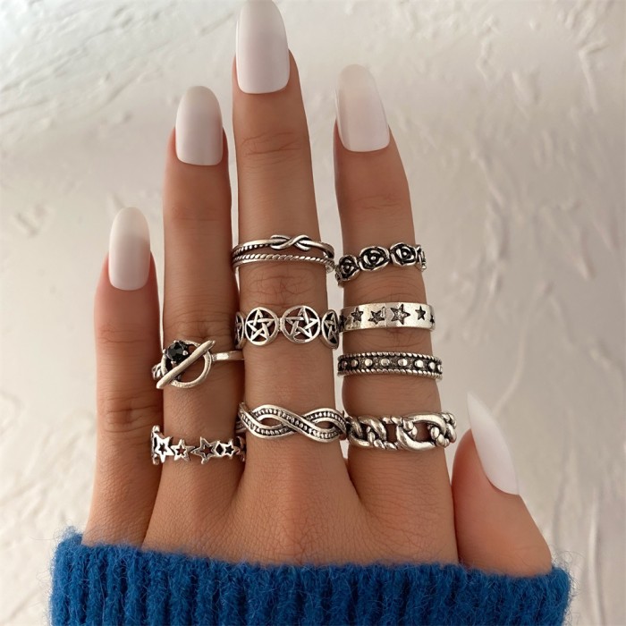 European and American Cross-Border Vintage Distressed Butterfly Snake-Shaped Ring Set Combination Open Multi-Joint Ring Set 9-Piece Set