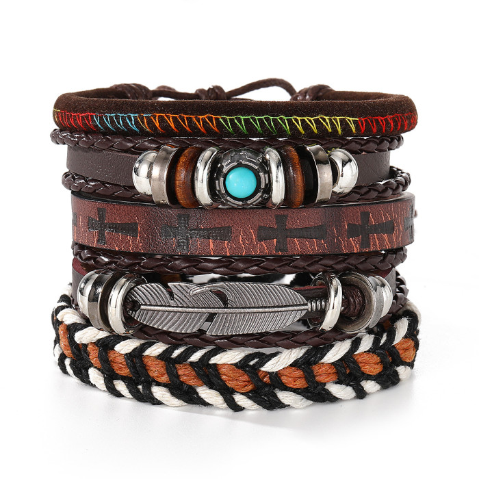 European and American Cross-Border Jewelry Simple Hand-Woven Vintage Feather Nameplate Bracelet Men's Faux Leather Bracelet Hand Accessories