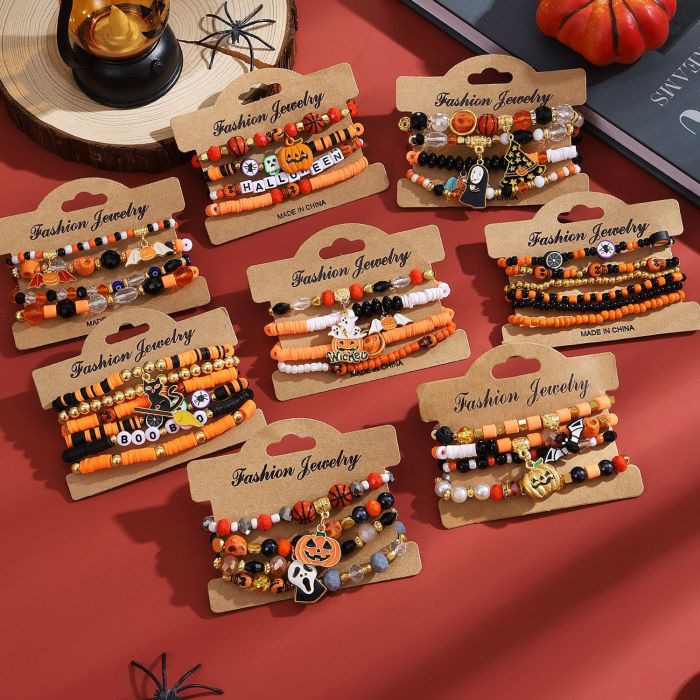 Halloween Multi-layer Bat Pumpkin Spider Hanging Bracelet Artificial Crystal Soft Clay Beaded Party Bracelet Halloween