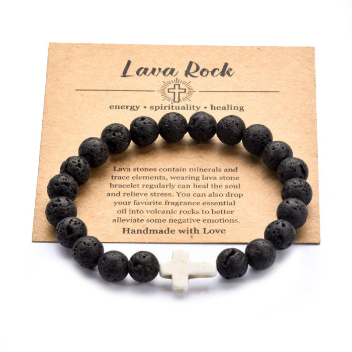 Cross-Border Hot Selling Volcanic Stone Bracelet Handmade Beaded Pink Zebra Cross Elastic Cord Hand Jewelry Bracelet Card Accessories