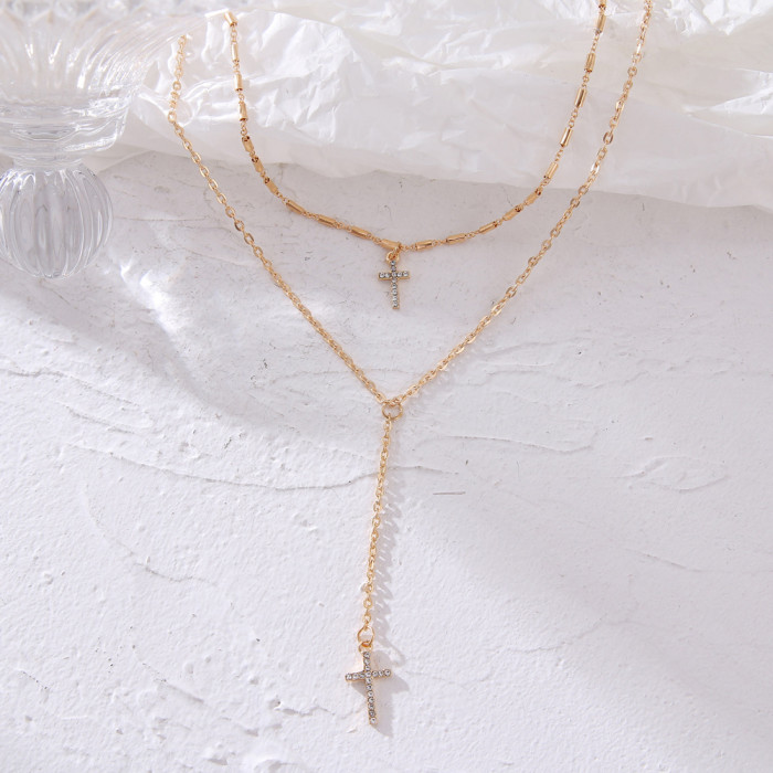 Korean Jewelry New Style Jewelry Ins Necklace Multi-Layer Double-Layer Cross Crystal Choker Sweater Chain