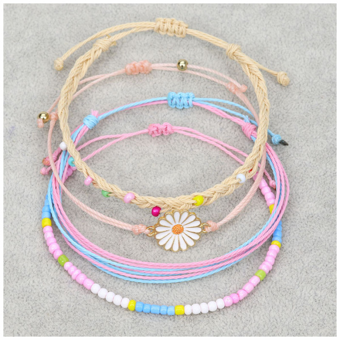 New Bohemian Style Waterproof Wax Thread Handmade Woven Bracelet Alloy Chrysanthemum Beaded Bracelet Set