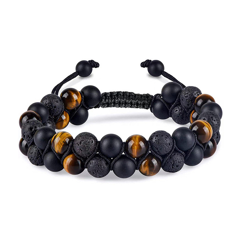 Amazon Hot-Selling Natural Stone Tiger Eye Braided Double-Layer Bracelet Adjustable Black Magnetic Stone Beaded Bracelet for Men and Women