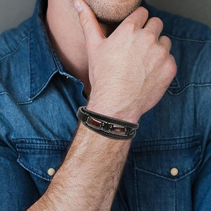 Amazon Hot-Selling Men's Retro Style Leather Bracelet European and American Hot-Selling Tiger Eye Stone Bracelet Cross-Border Stainless Steel Bracelet
